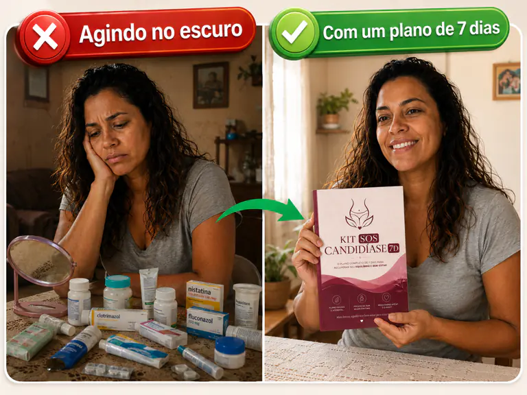 Antes: agindo no escuro. Depois: com um plano de 7 dias — Kit SOS Candidíase 7D.