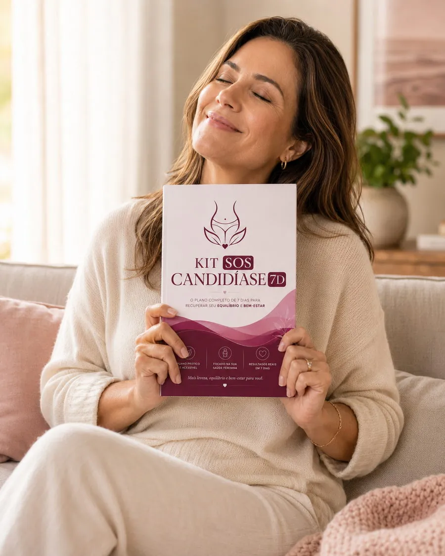 Mulher tranquila segurando o Kit SOS Candidíase 7D